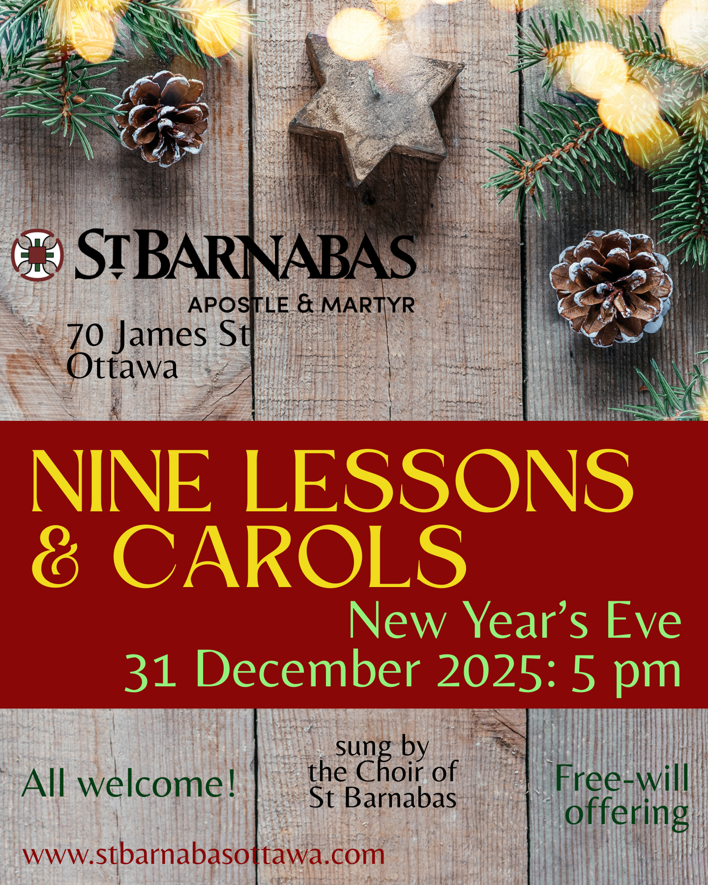 Poster for Nine Lessons and Carols with pinecones and a star-shaped candle on a wooden table