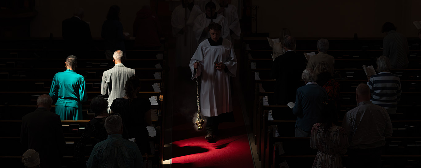 Procession during Ascension Sunday, May 17, 2026, showing the thurible in a beam of sunlight