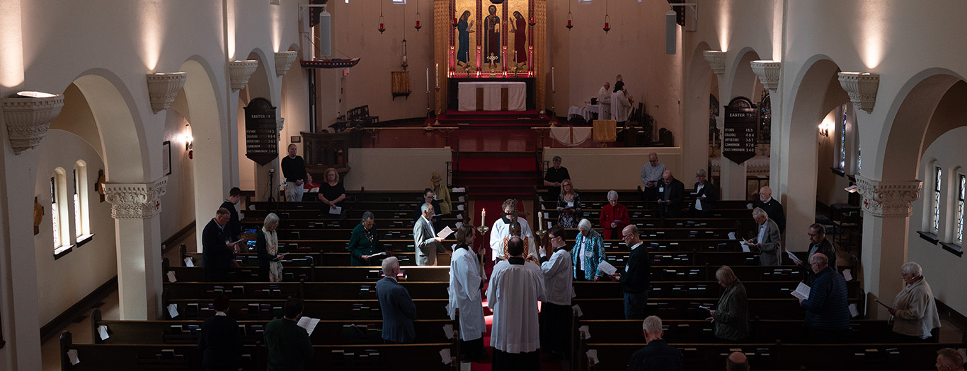 A view of the church interior during the gospel reading on the fifth Sunday of Easter