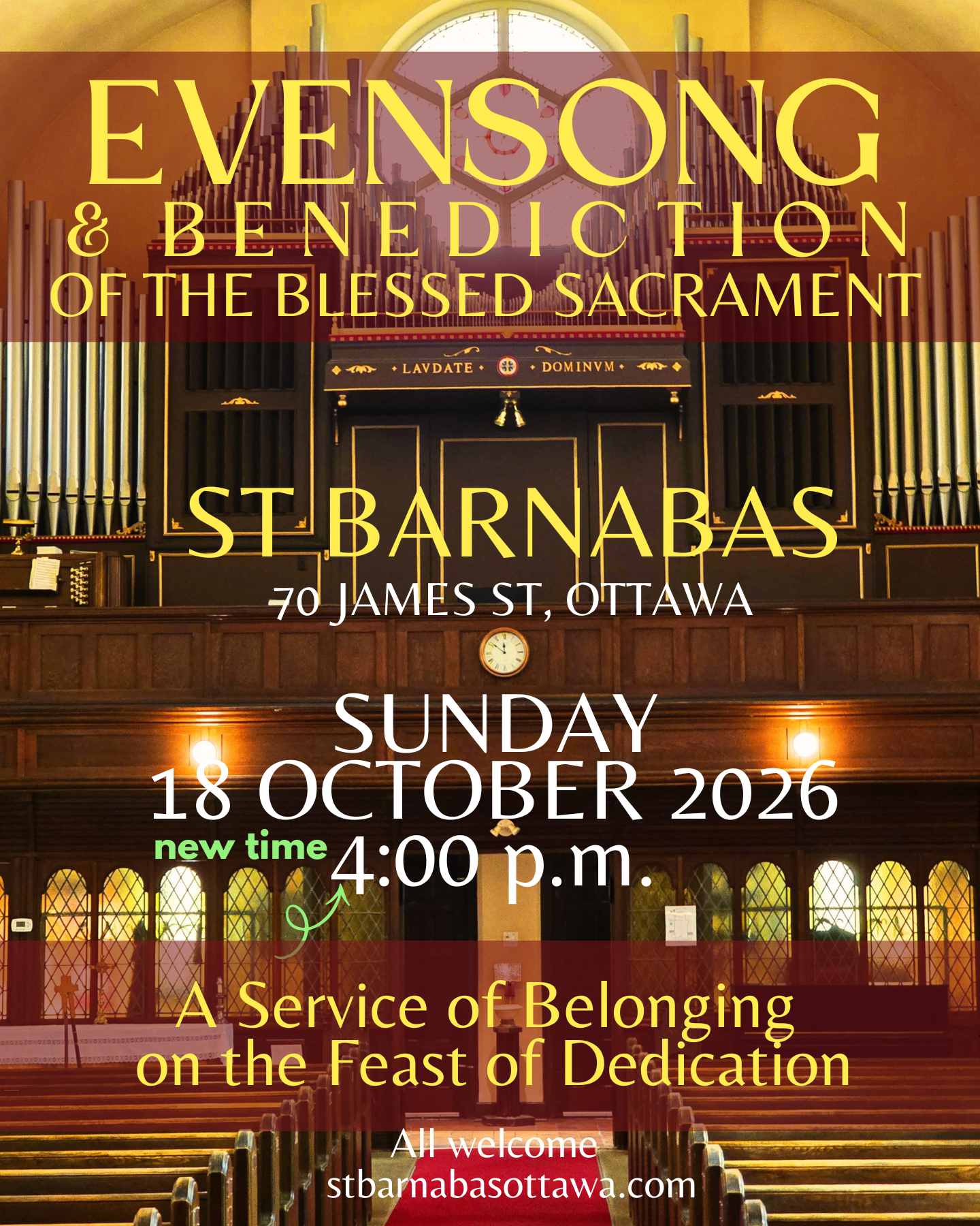 Poster of interior of church for October 18 evensong, noting the new start time of 4 pm.