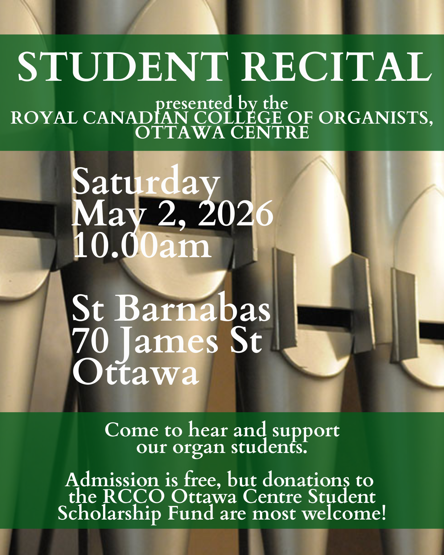 Poster for Student Organ Recital (details in event description). 