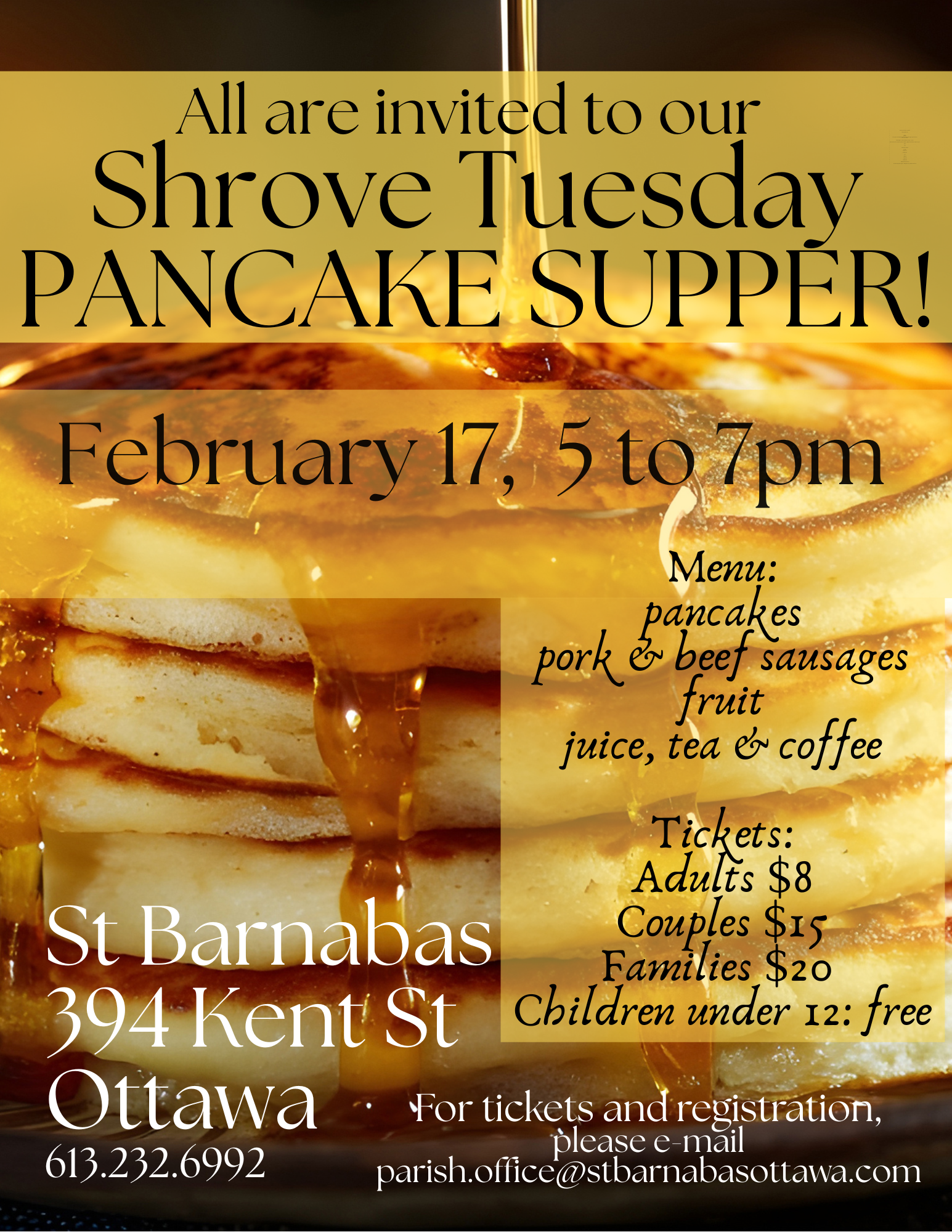 Poster for Shrove Tuesday Pancake Supper (details in description)