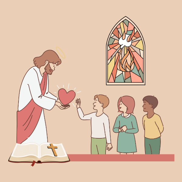 Illustration of Jesus handing a big red heart to three children, who are underneath a stained glass window.