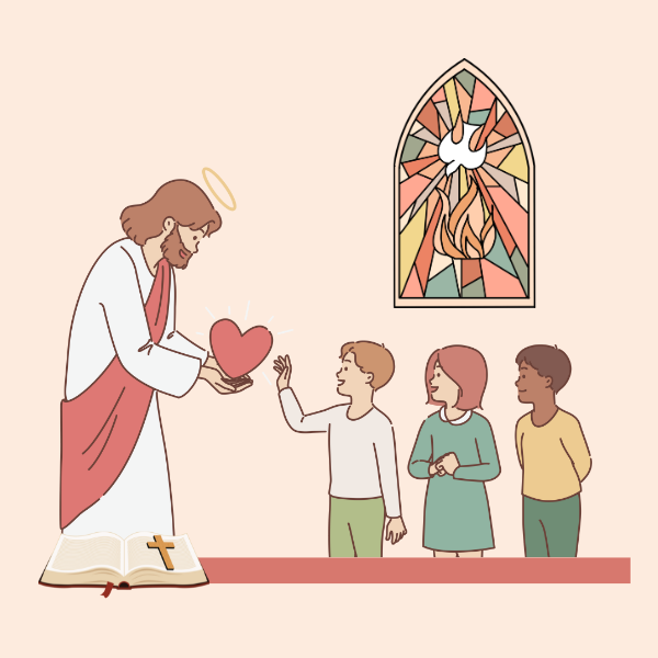 Illustration of Jesus handing a heart to three children, who are underneath a stained glass window.