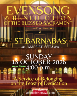 Poster of interior of church for October 18 evensong, noting the new start time of 4 pm.